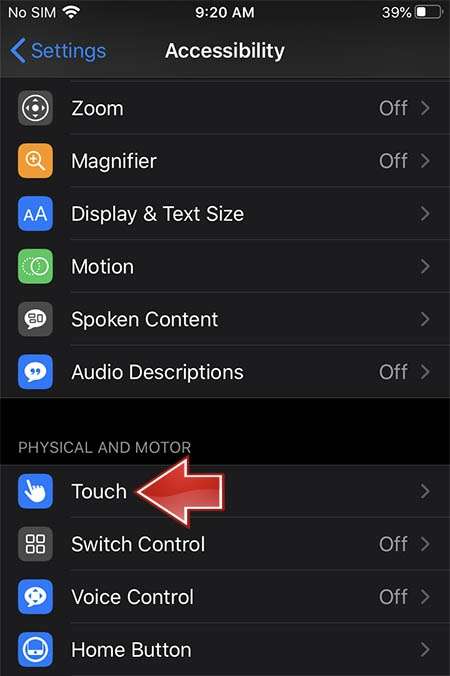 APPLE iPhone 11 Pro Max Touch settings