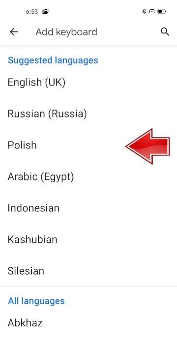 Language list keyboard OPPO A5 (2020)
