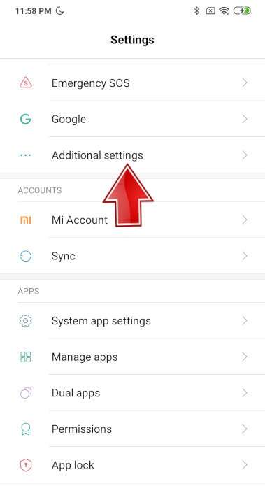 Settings menu XIAOMI Redmi 2