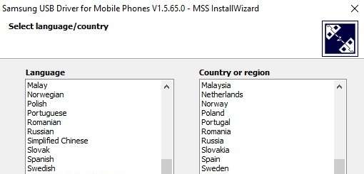 Samsung drivers installer opened, choose lang and country and tap next button